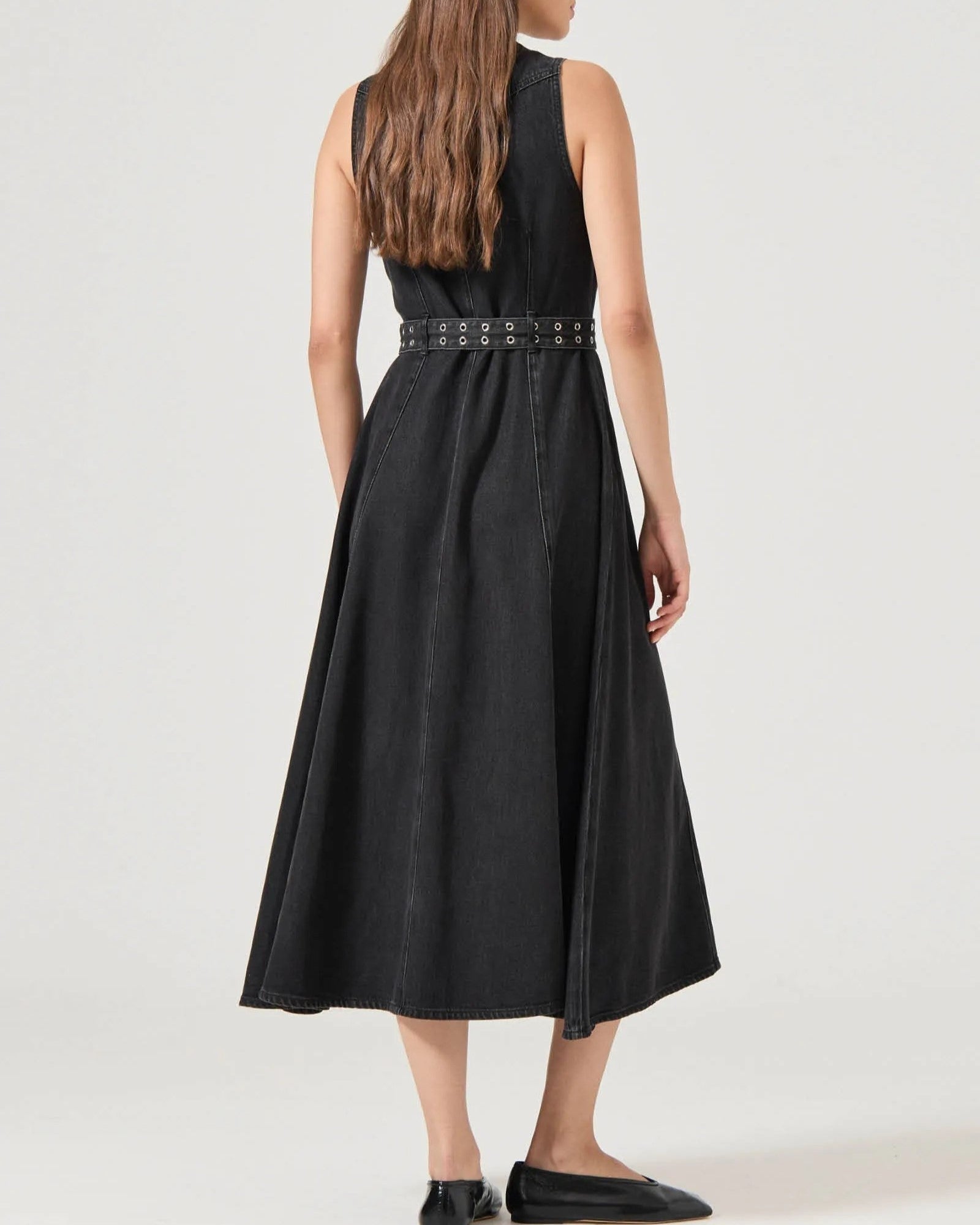 Angelica black sand denim dress with a button down front and eyelet belt at the waist