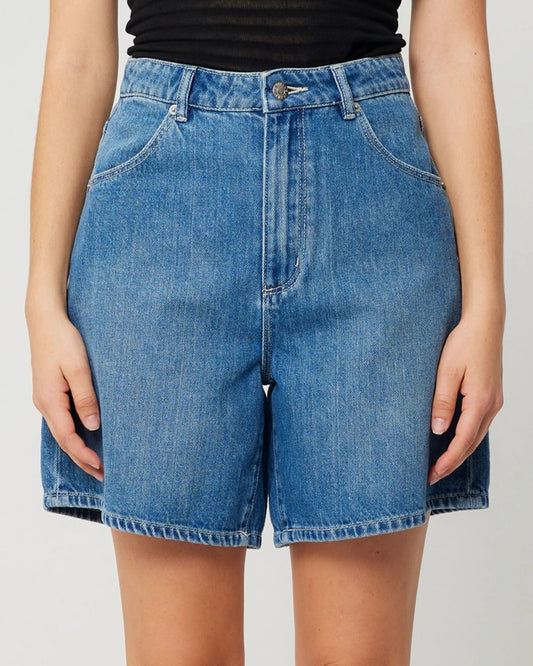 Rolla's super mirage jean denim shorts in true blue. High-waisted with more length in the thighs. At Clad, a sustainable clothing boutique in Asheville, NC