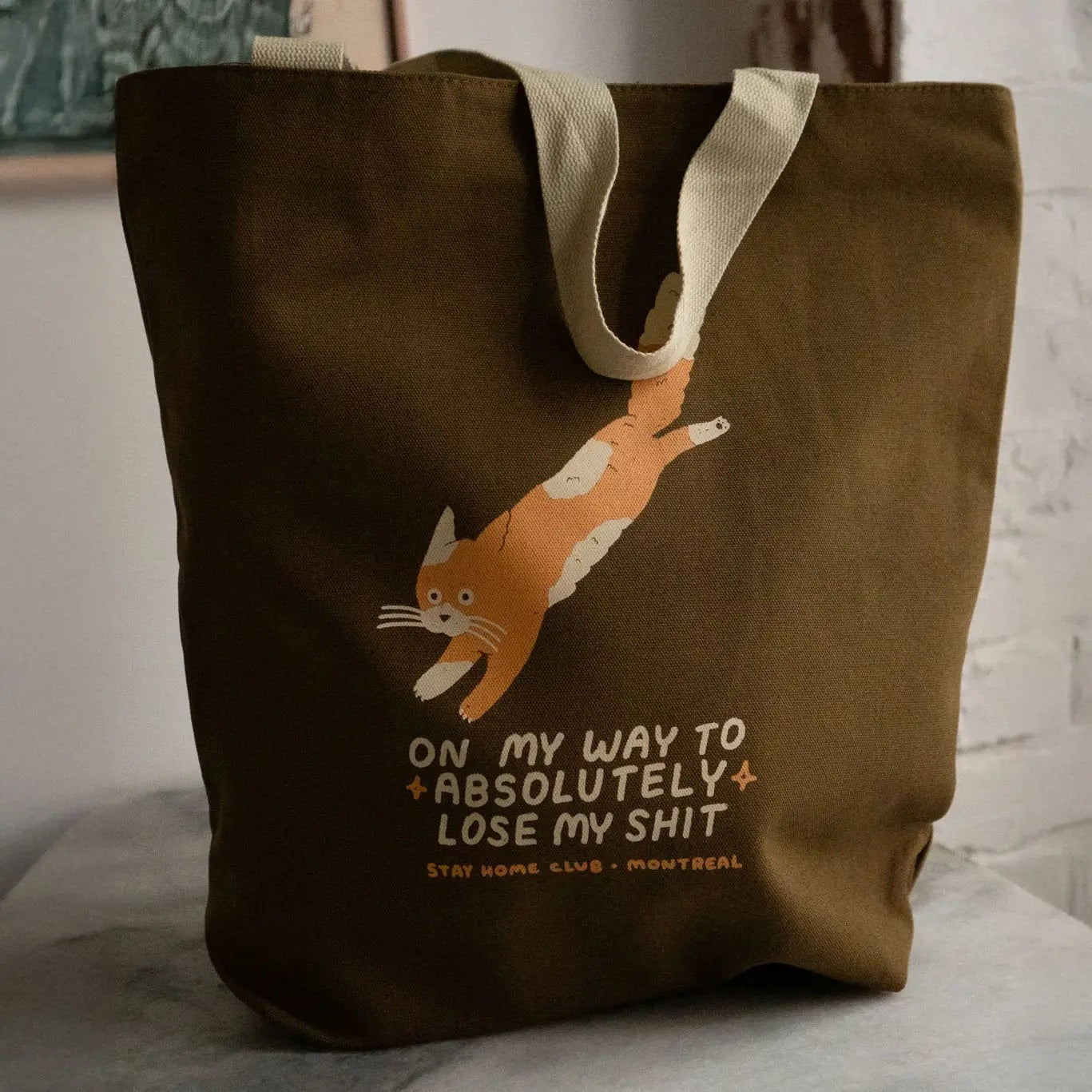 Lose My Shit Stay Home Club cat brown canvs zipper tote bag
