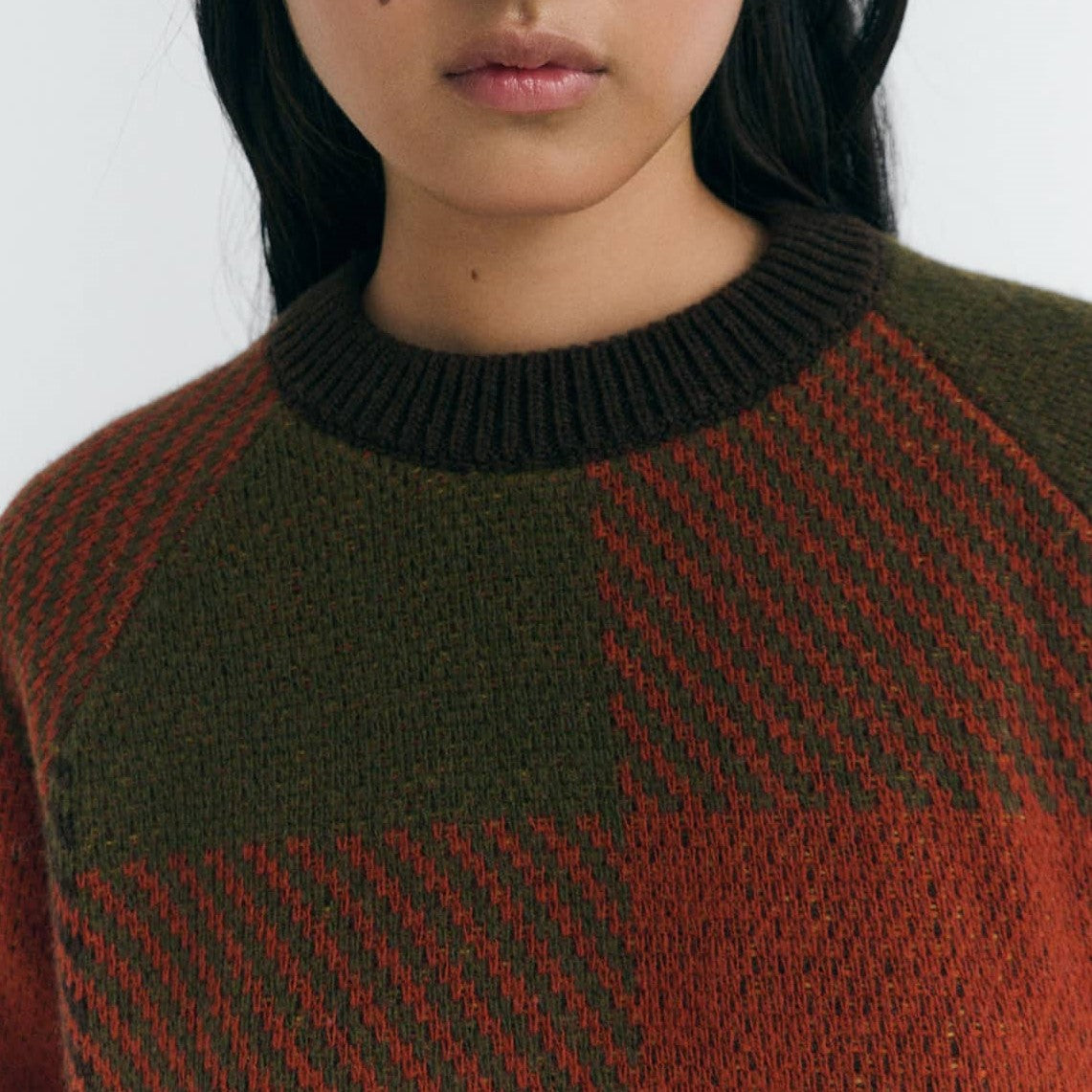 Thinking Mu Creek Nur Sweater olive hunter green, terracotta, and dijon mustard yellow