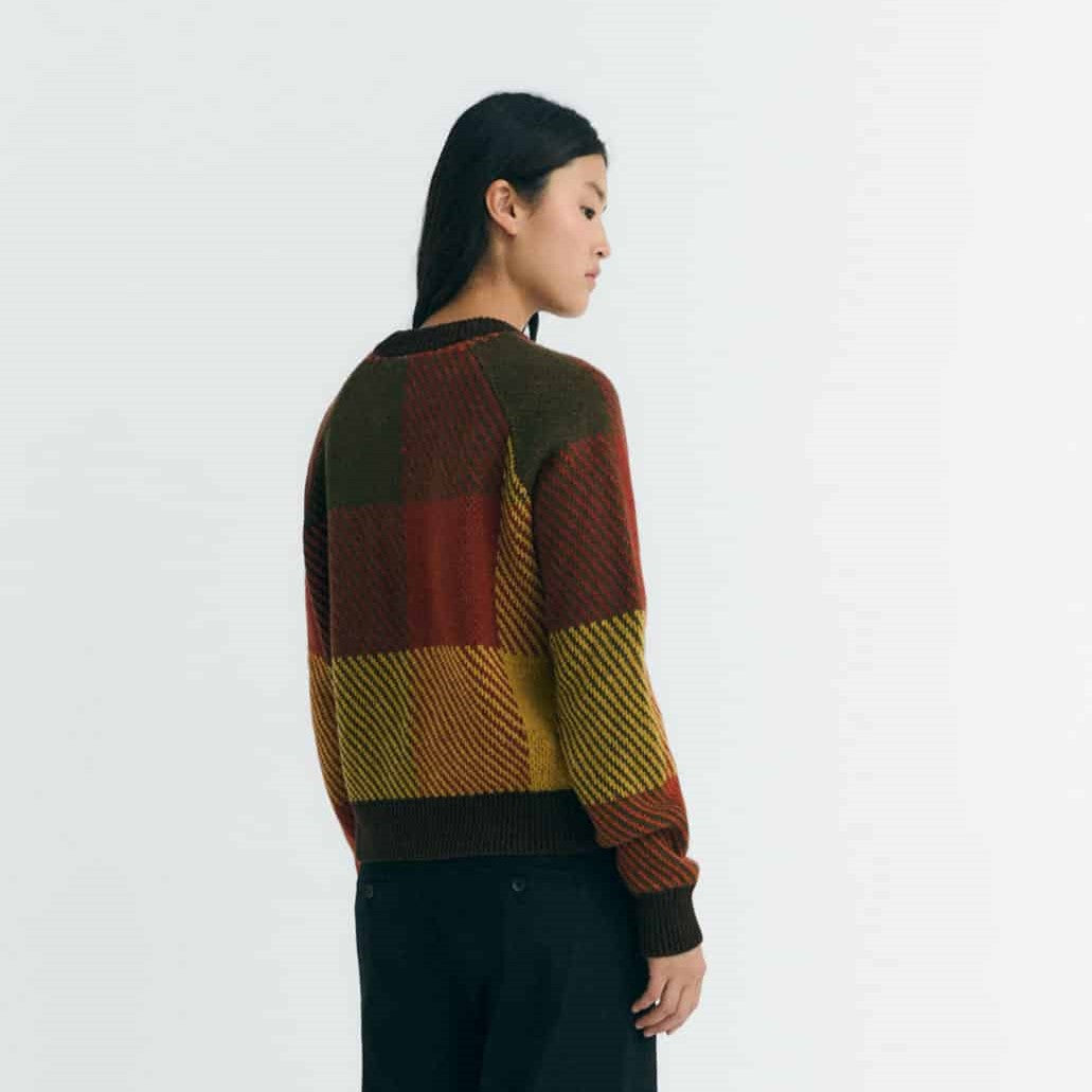 Thinking Mu Creek Nur Sweater olive hunter green, terracotta, and dijon mustard yellow