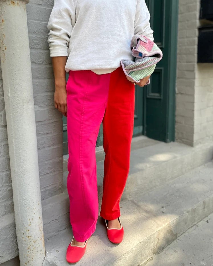 Verity & Daughters Cotton Barrel Elastic Waist Pants with pink and red colorblock at Clad, a sustainable clothing store in Asheville , NC
