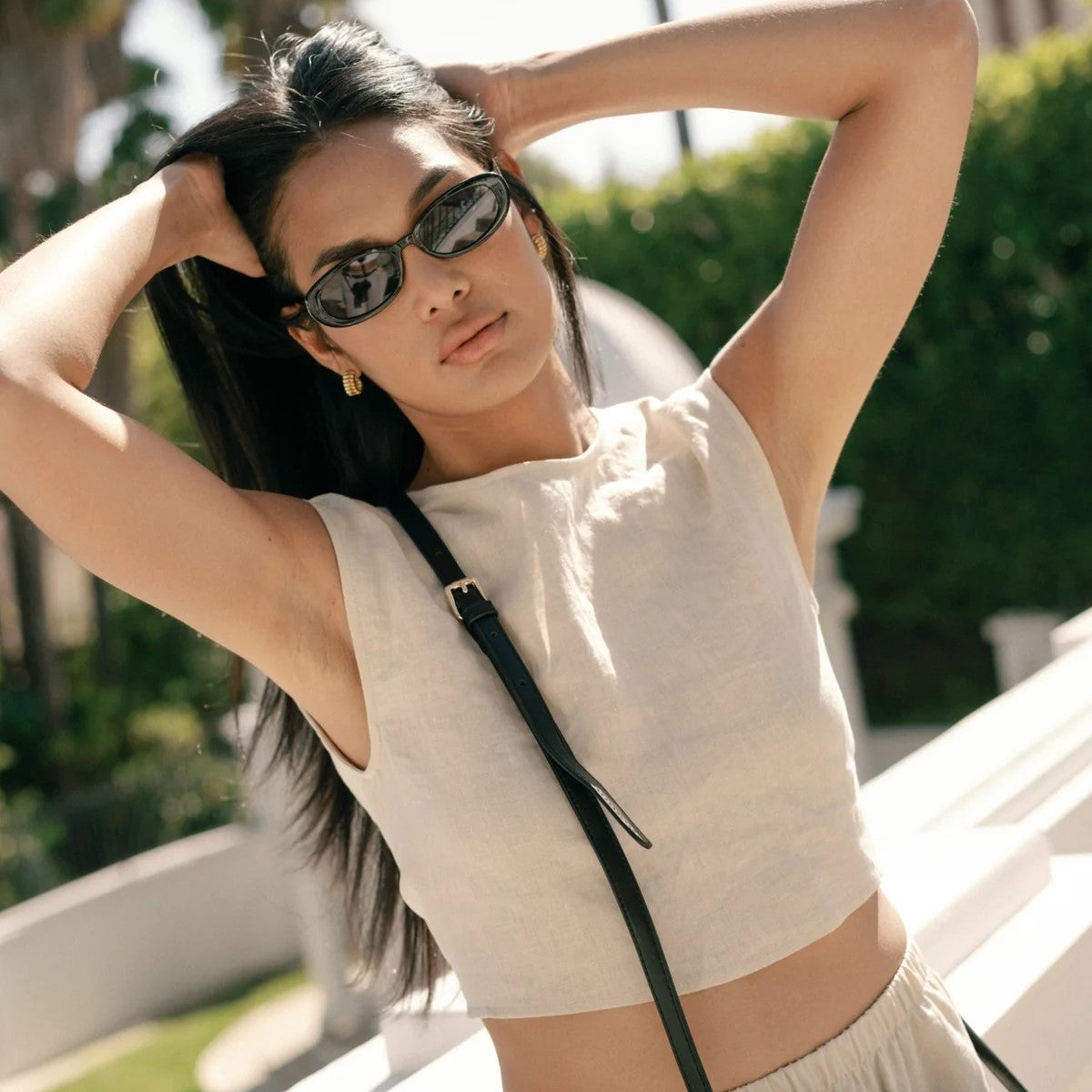 A reversible linen wrap top in beige oatmeal.