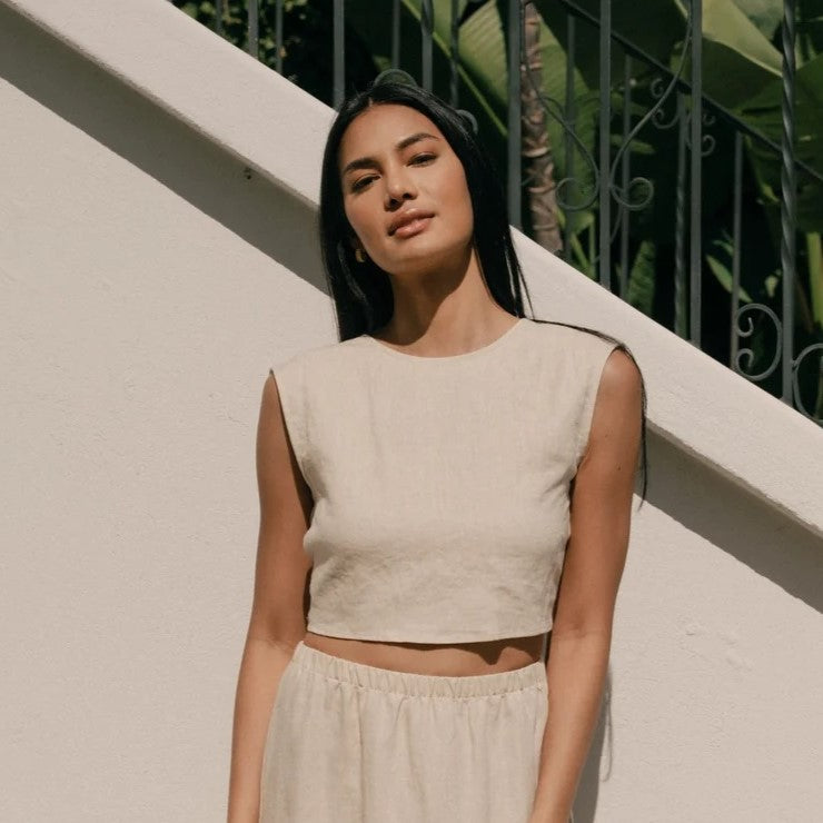 A reversible linen wrap top in beige oatmeal.