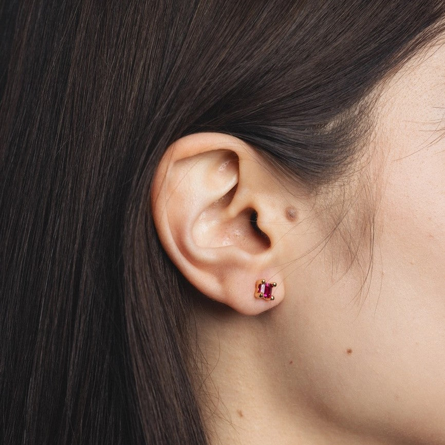 Wolf Circus pink ruby gemstone stud earrings at Clad, a sustainable clothing store in Asheville, NC
