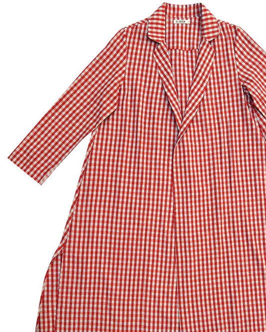 Poppy and ice gingham Notch Jacket by Ali Golden. Side pockets.