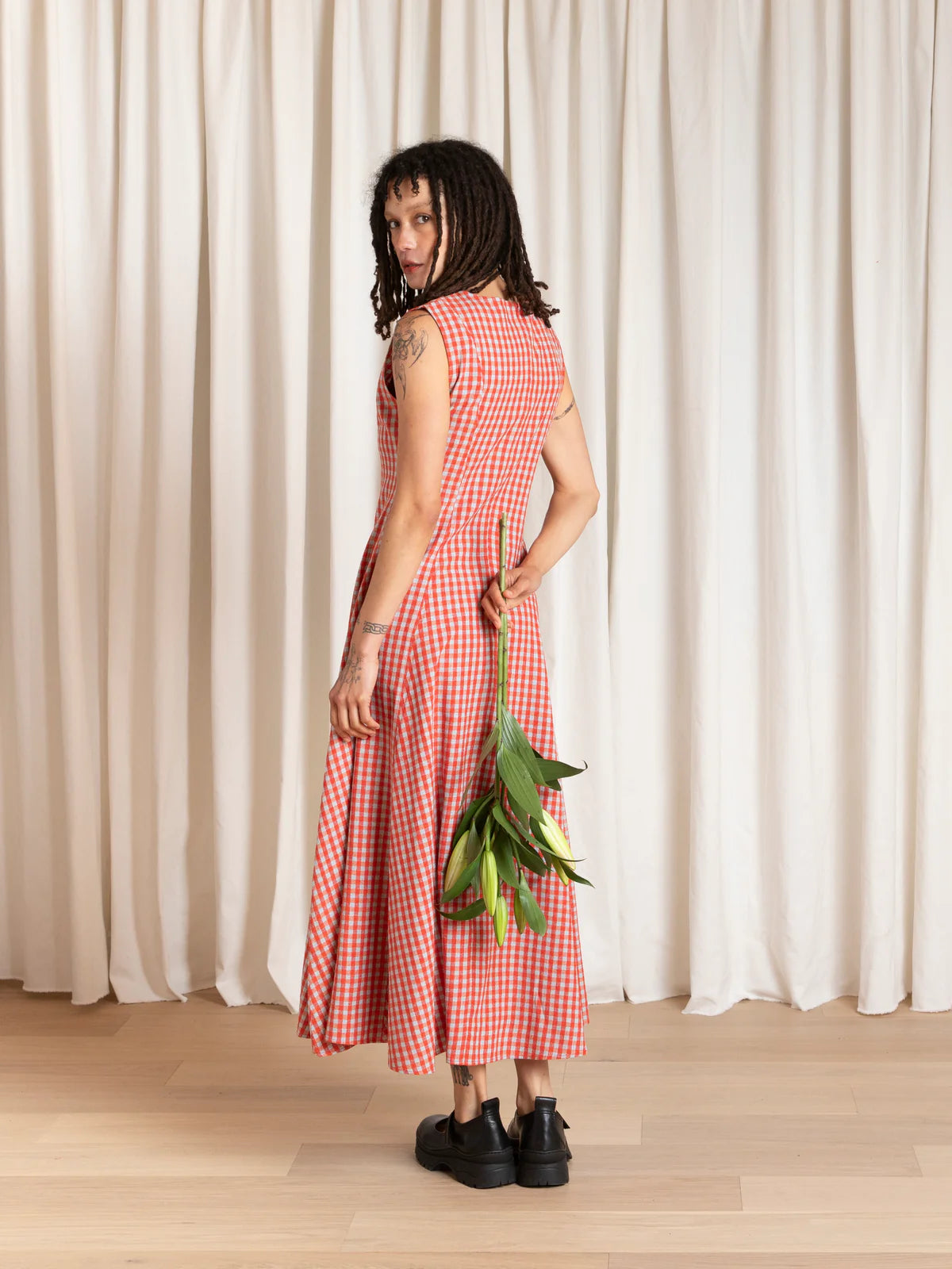 Ali Golden paneled midi dress in poppy & ice gingham