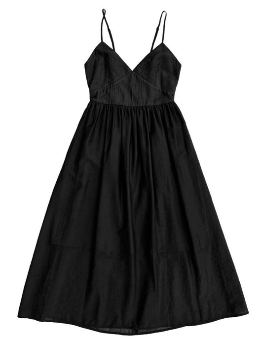 Black tie back midi dress by Ali Golden with a fitted v-neck bodice, adjustable spaghetti straps, and fully lined.