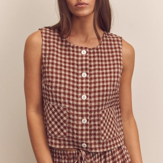 Brick plaid checkered button down sleeveless top by Amente at Clad, a sustainable clothing store in Asheville, NC