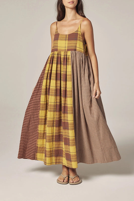 Amente contrast midi dress in plaid brown checkered