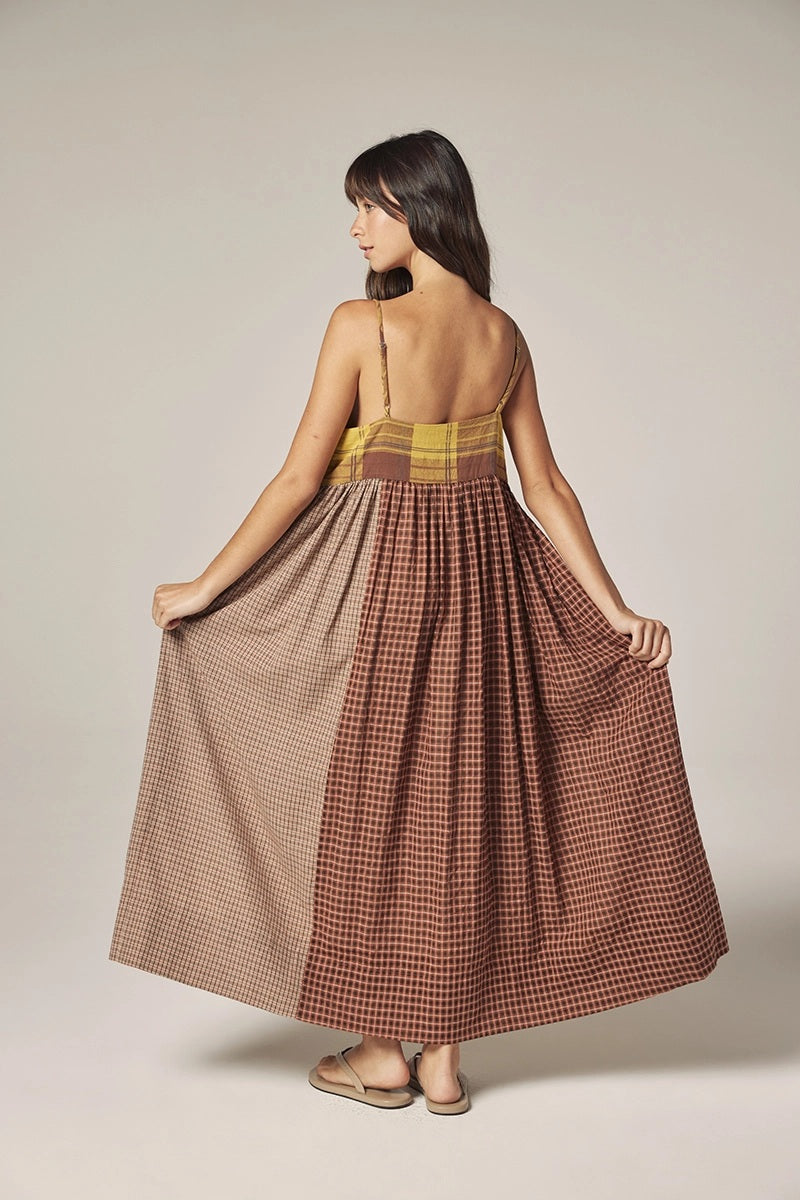 Amente contrast midi dress in plaid brown checkered