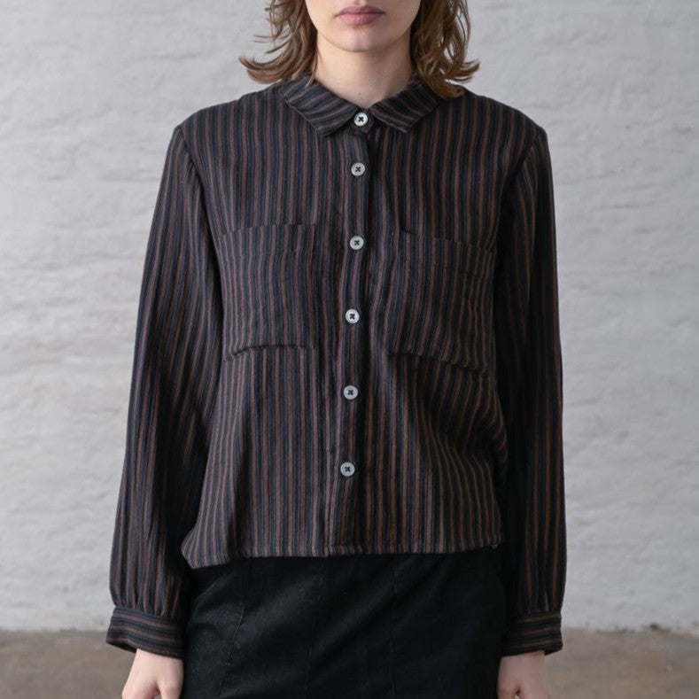 Brown and black striped button down cropped blouse from Bibico