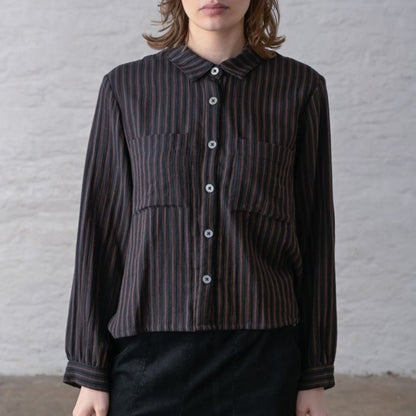 Brown and black striped button down cropped blouse from Bibico