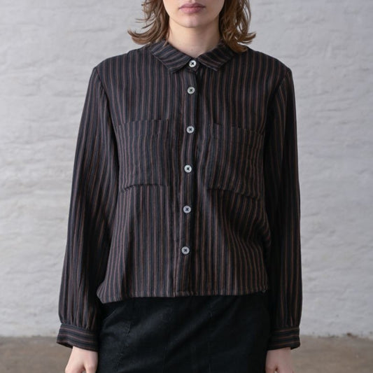 Brown and black striped button down cropped blouse from Bibico