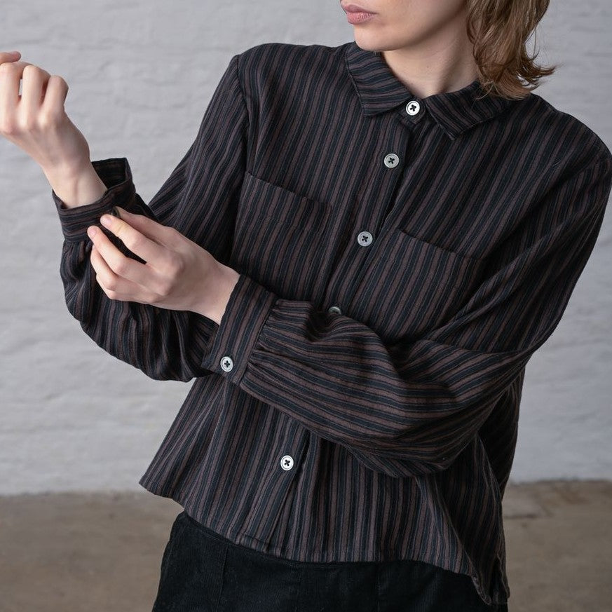 Brown and black striped button down cropped blouse from Bibico