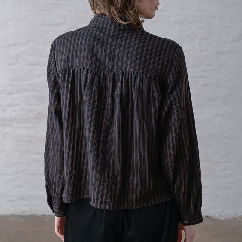 Brown and black striped button down cropped blouse from Bibico