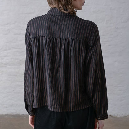 Brown and black striped button down cropped blouse from Bibico