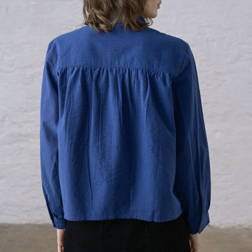 Ada Cropped Blouse, Blue Petrol Stripe
