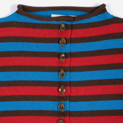 Striped red, blue, and brown cotton cardigan by Bobo Chooses