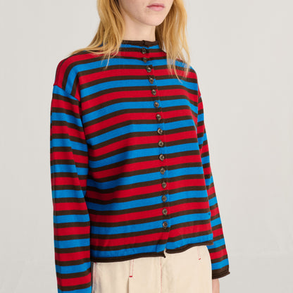 Striped red, blue, and brown cotton cardigan by Bobo Chooses