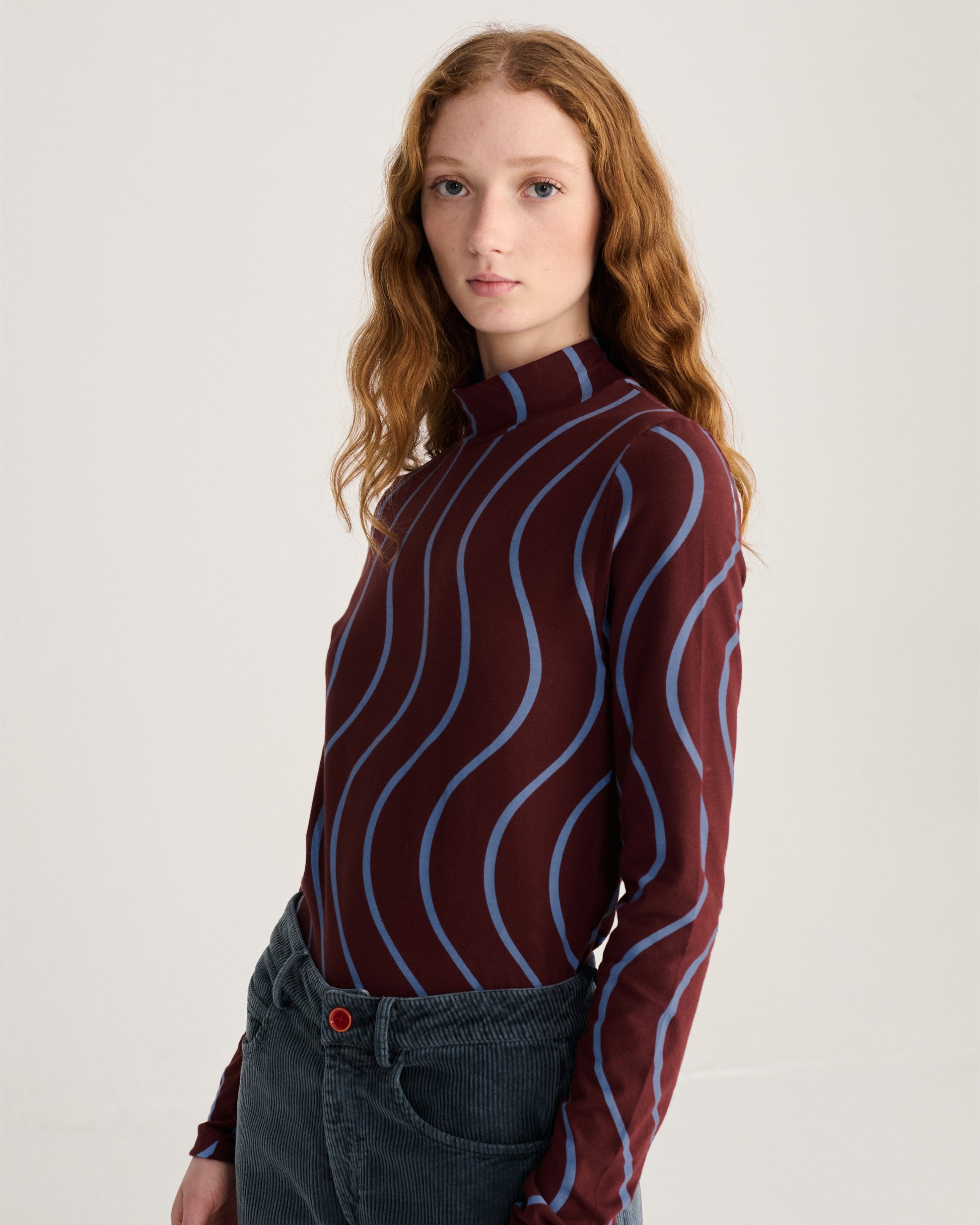 Bobo Chooses wavy psychedlic brown and blue mock neck top