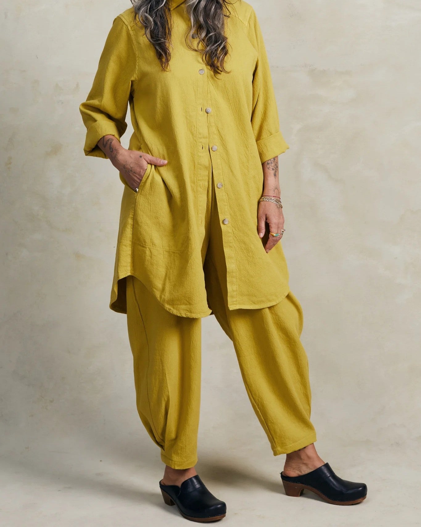 Cadence dijon yellow mustard elastic cotton pant by Curator SF