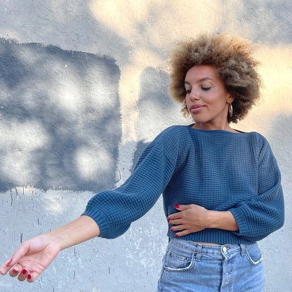 Clove sweater in peackock blue by Curator at Clad, a sustainable clothing boutique in Asheville, NC