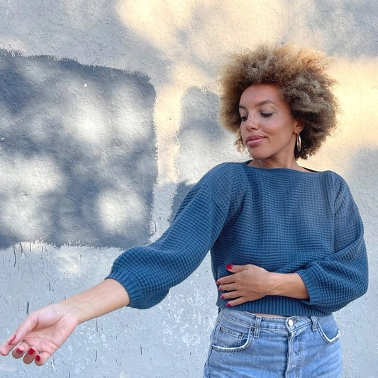 Clove sweater in peackock blue by Curator at Clad, a sustainable clothing boutique in Asheville, NC