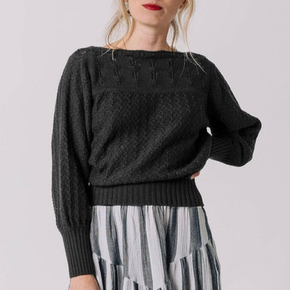 Curator ivy black pointelle cotton knit sweater