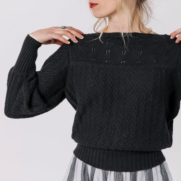 Curator ivy black pointelle cotton knit sweater