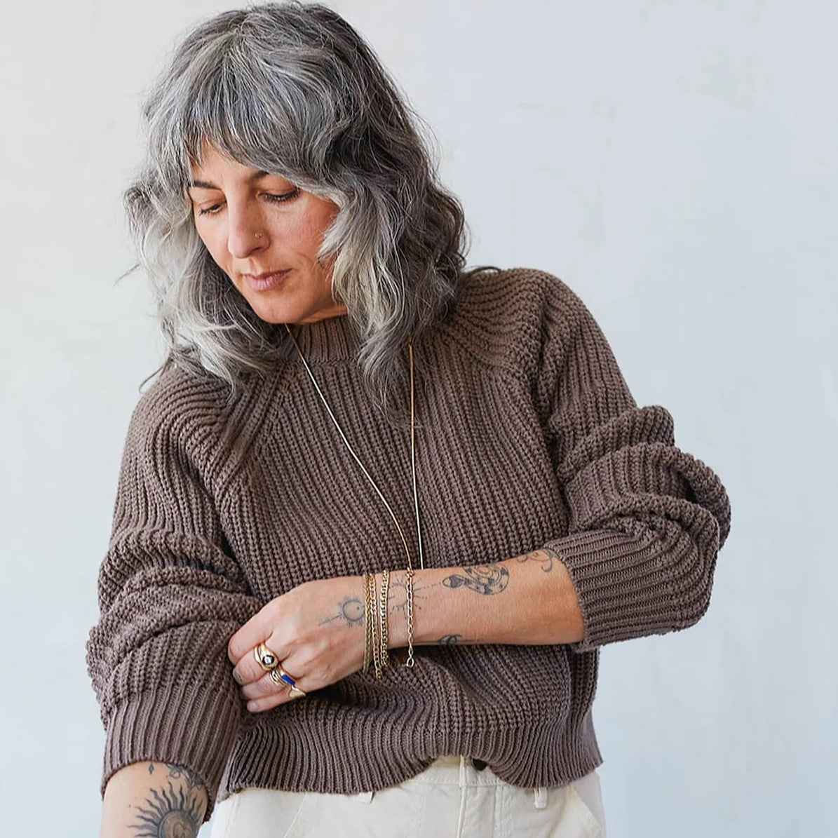 Walnut grey brown cropped knit Sonnie Sweater by Curator in San Francisco, California.