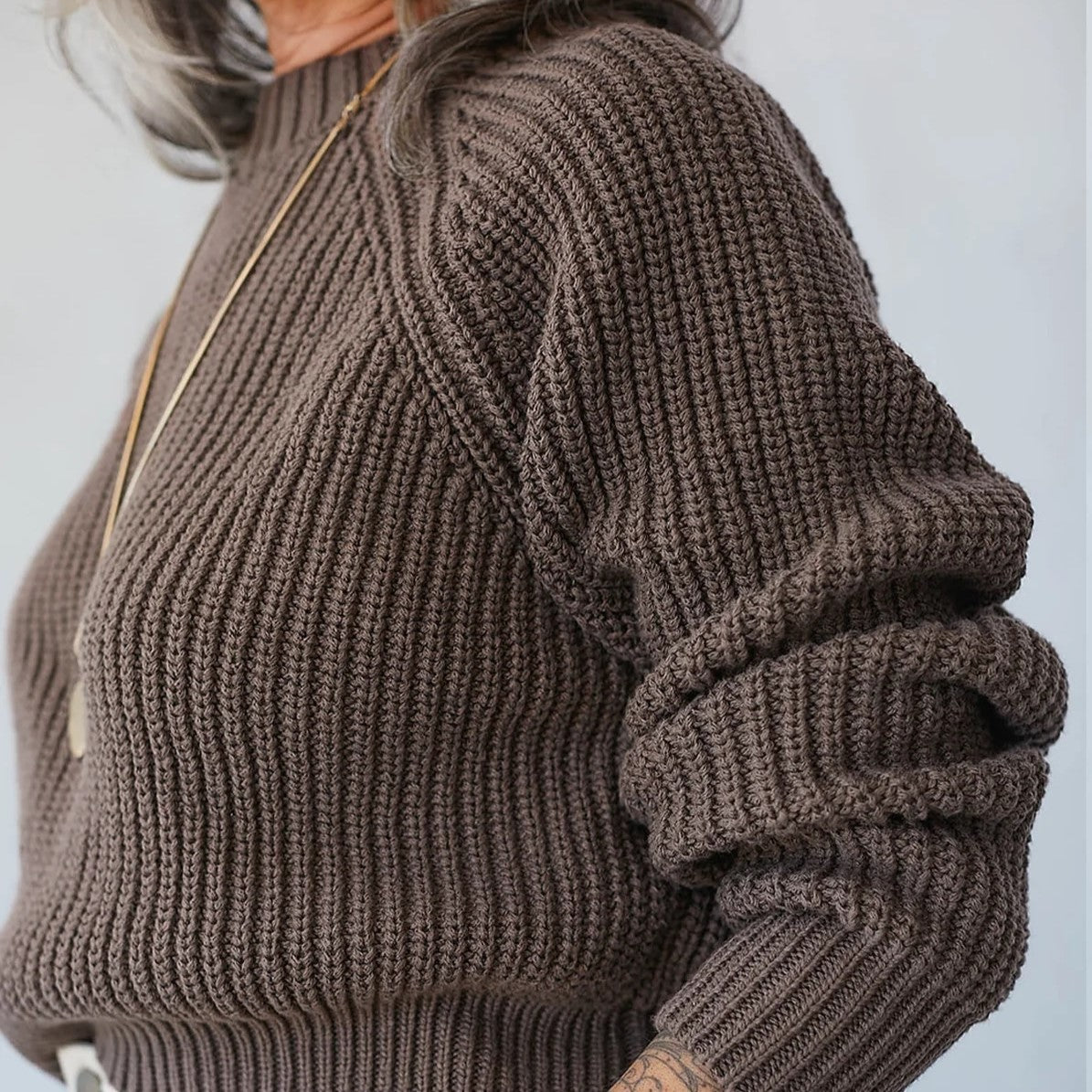 Walnut grey brown cropped knit Sonnie Sweater by Curator in San Francisco, California.