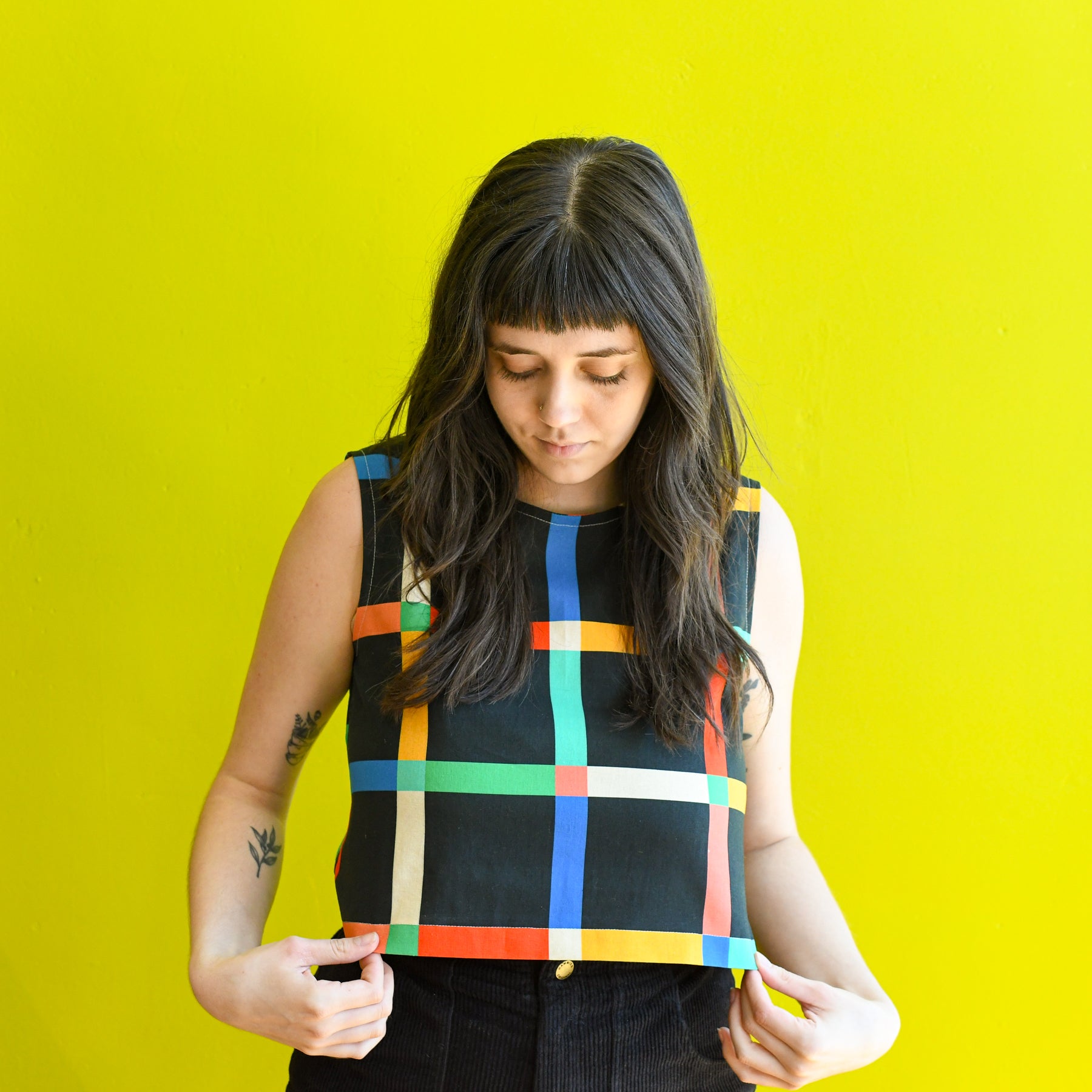 Freddie top in black windowpane rom Ersa Fibers at Clad, a sustainable clohthing store in Asheville, NC