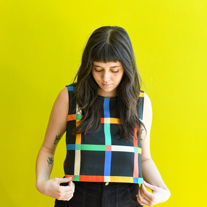 Freddie top in black windowpane rom Ersa Fibers at Clad, a sustainable clohthing store in Asheville, NC