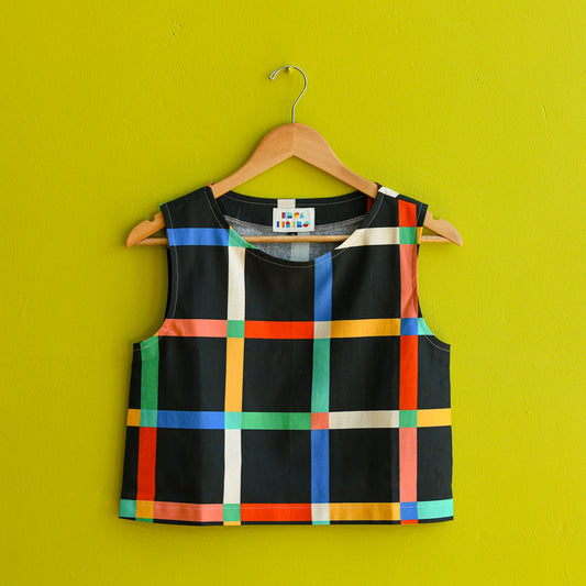Freddie top in black windowpane rom Ersa Fibers at Clad, a sustainable clohthing store in Asheville, NC