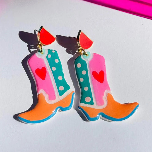Hearts cowboy boots earrings from Delaney & Blu at Clad, a sustainable clothing store in Asheville, NC
