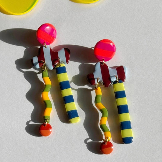 Line Em Up polymer clay squiggle earrings with stripes by Delaney & Blu