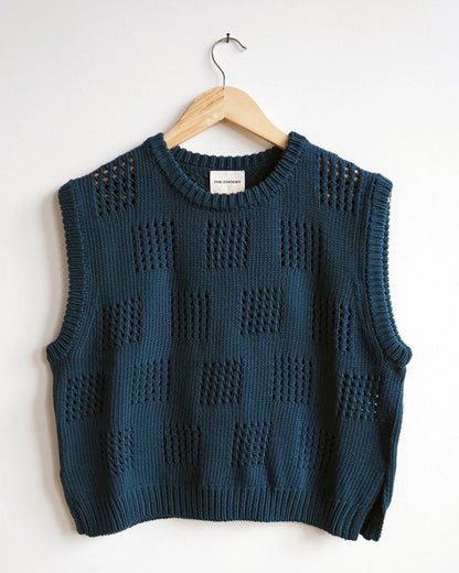 The Endery knit sweater Katt vest in Viridian deep blue with eyelet stitch