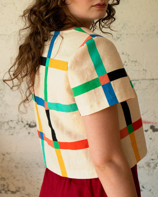 Cream windowpane check cropped top from Ersa Fibers at Clad, a sustainable clothing store in Asheville, NC