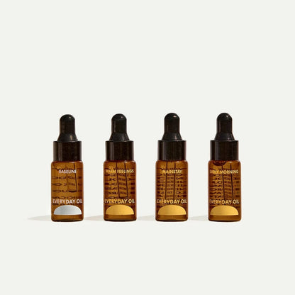 Everyday Oil sample pack mini bottles of Baseline, Mainstay, Early Morning, and Warm Feelings