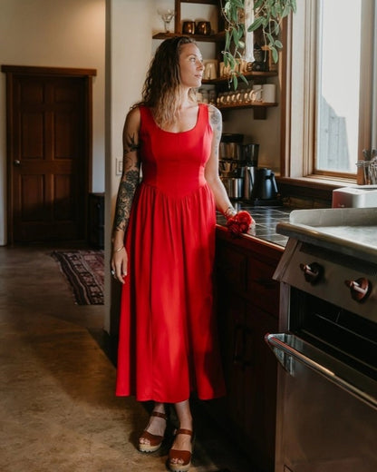 Field Day long agness dress in red linen at Clad, a slow fashion apparel store in Asheville, NC