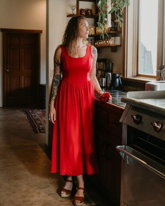 Field Day long agness dress in red linen at Clad, a slow fashion apparel store in Asheville, NC