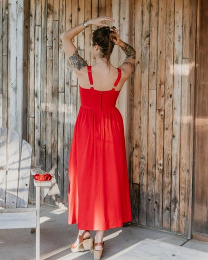 Field Day long agness dress in red linen at Clad, a slow fashion apparel store in Asheville, NC