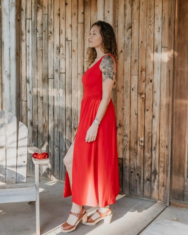 Field Day long agness dress in red linen at Clad, a slow fashion apparel store in Asheville, NC