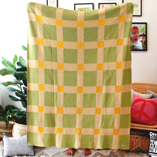 A soft check gingham pattern throw blanket with yellow and green.