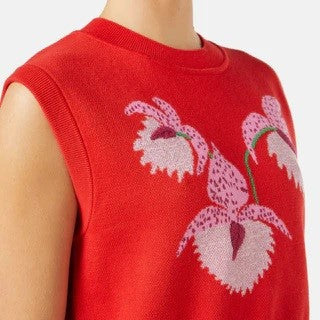 Red knit sweater vest tank Tara Studio by Gorman. Sleeveless with lavender pink orchid flowers.