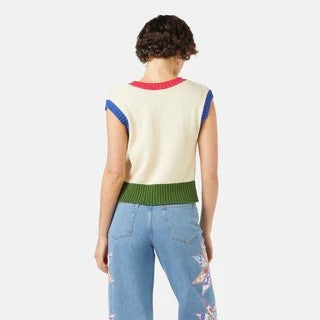 Wildflower Knit Vest by Gorman made with organic cotton. Green and red ribbed hems with blue ribbed cap sleeves. 