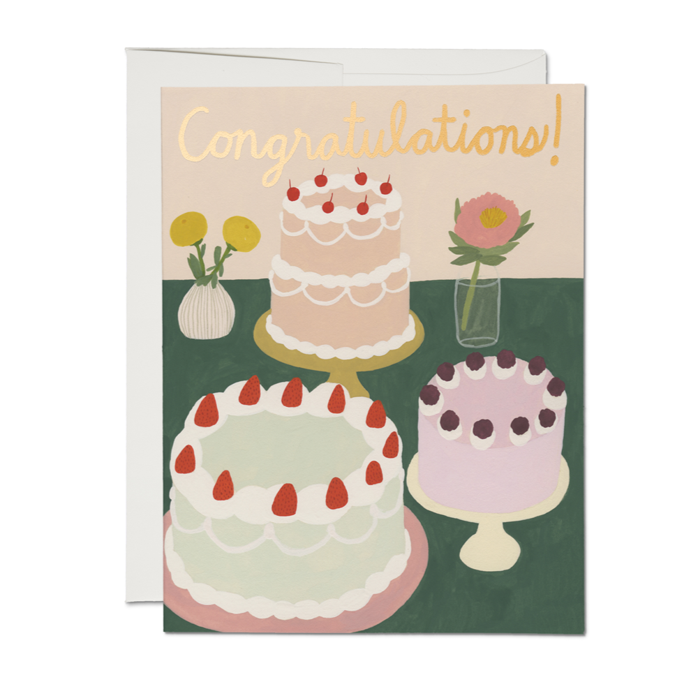 A congratulations greeting card with various cakes and floral flower arrangements for celebrating anniversaries and other events.