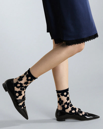 Hansel from Basel floral black pop sheer crew sock