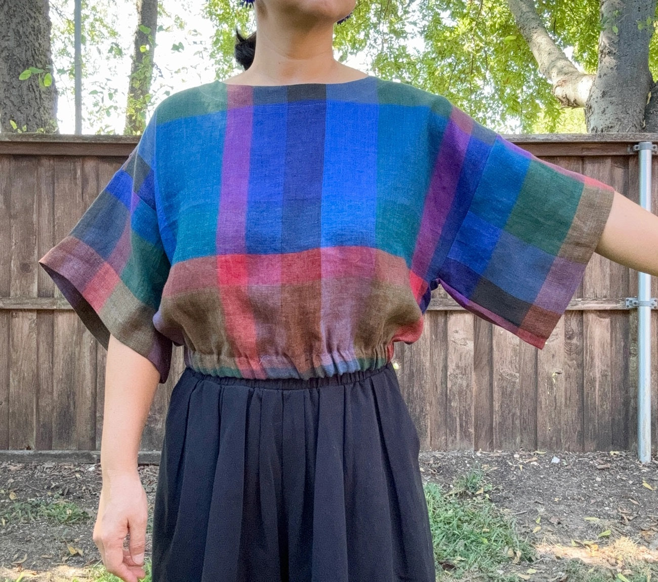 Blue check top by Joolee at Clad, a sustainable clothing store in Asheville, NC